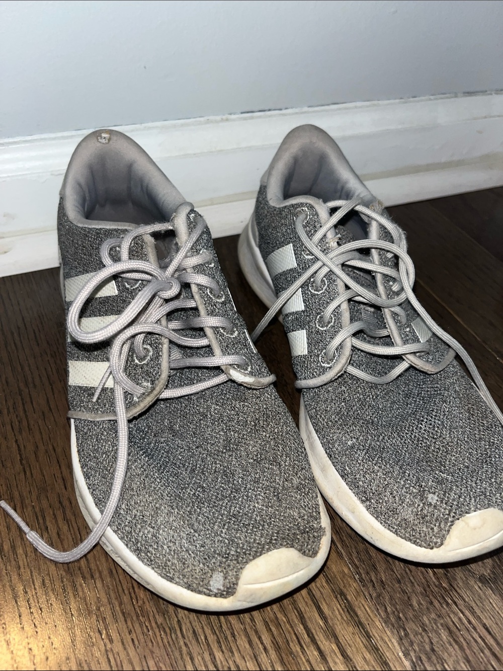 adidas Gray Knit Athletic Sneakers with White Stripes